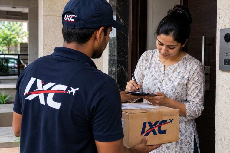 Courier handing a package to a customer at the home entrance