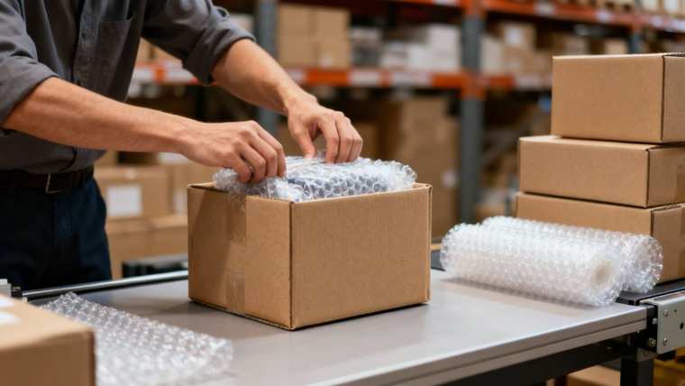 Hands sealing a cardboard shipping box with packing tape